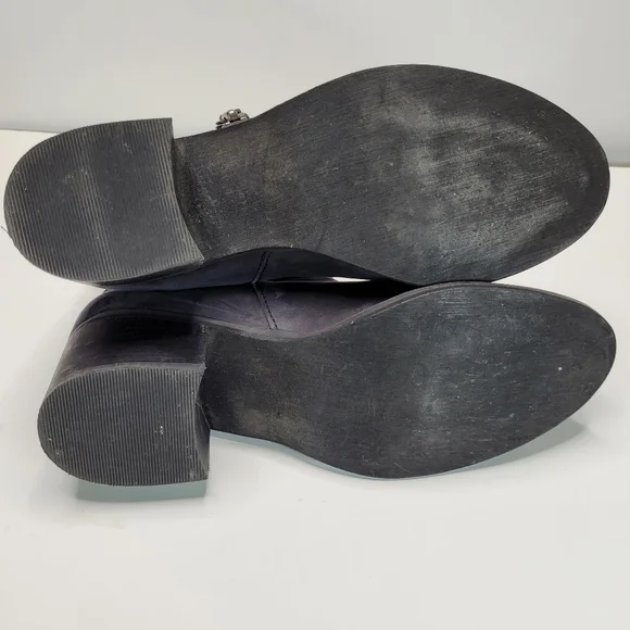 BP Navy Blue Leather Block Heeled Side Zipper Ankle Booties Size 7 - Picture 9 of 13